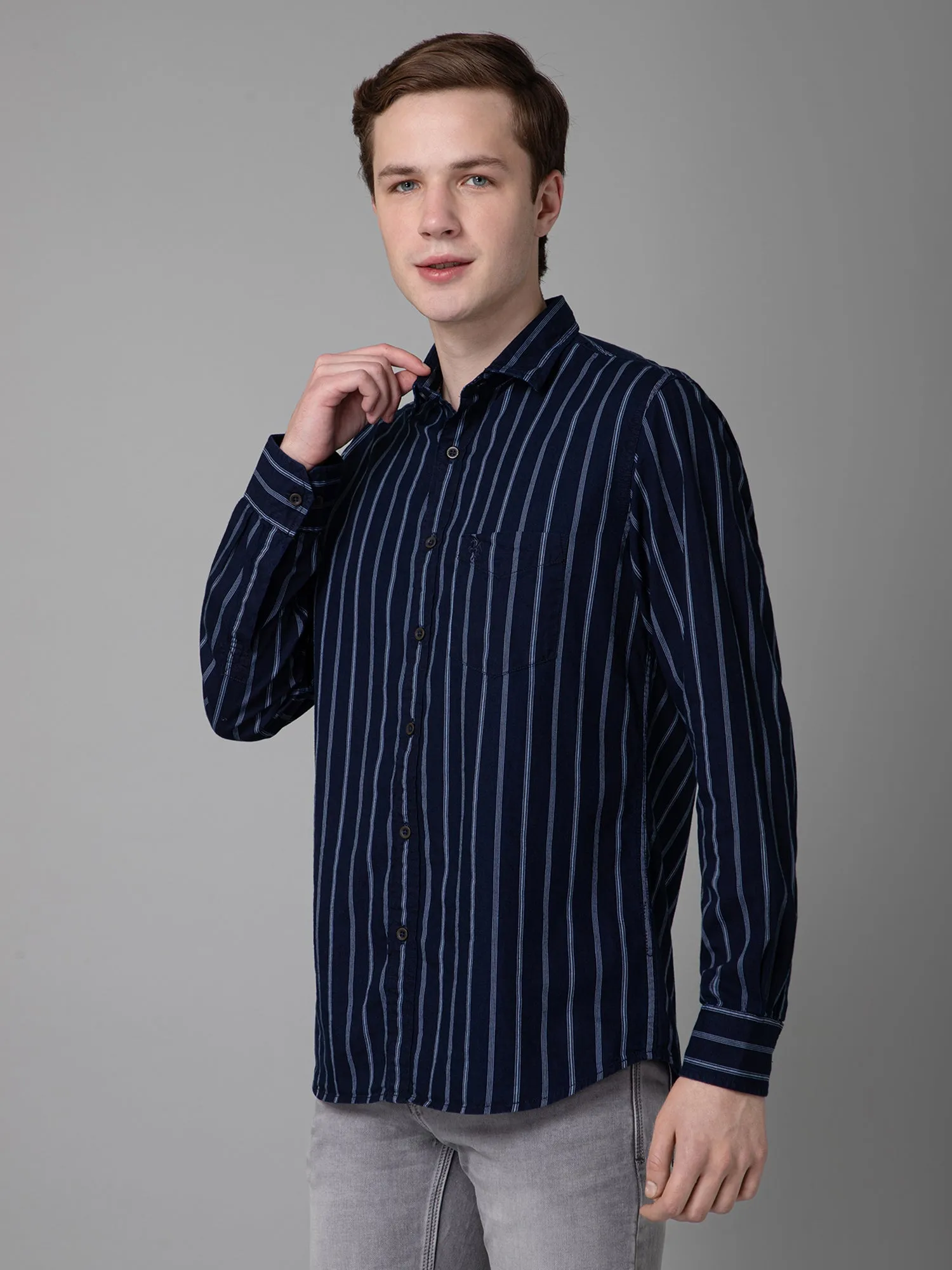 Men's Denim Blue Casual Narrow Stripe Full Sleeve Shirt