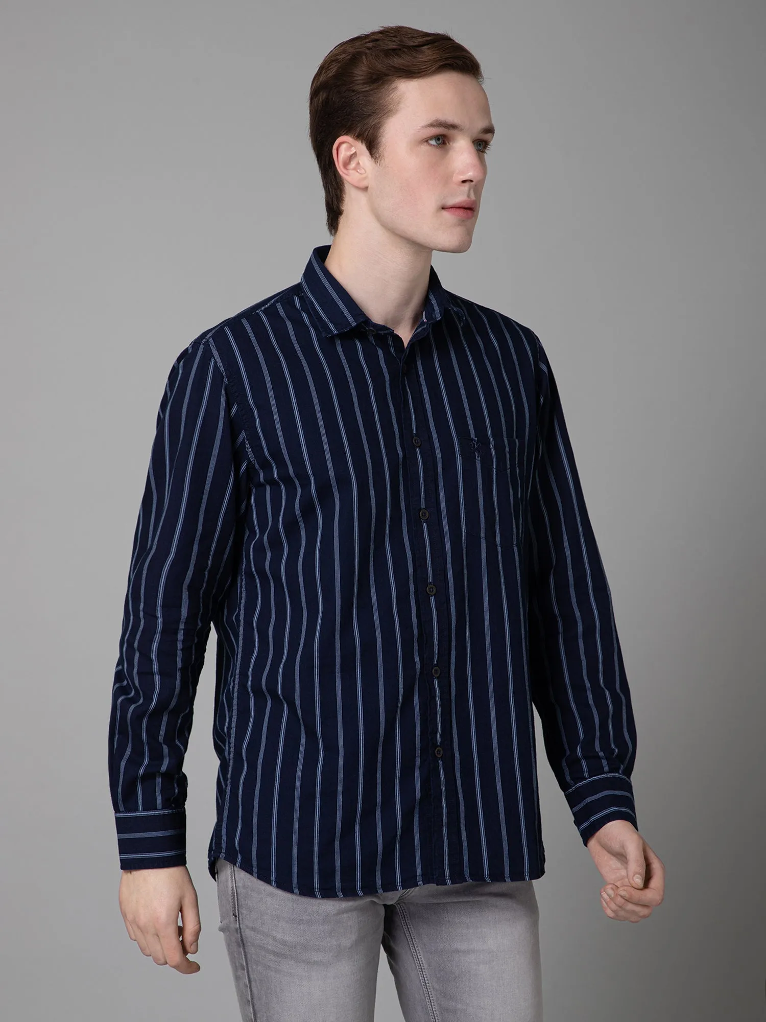 Men's Denim Blue Casual Narrow Stripe Full Sleeve Shirt