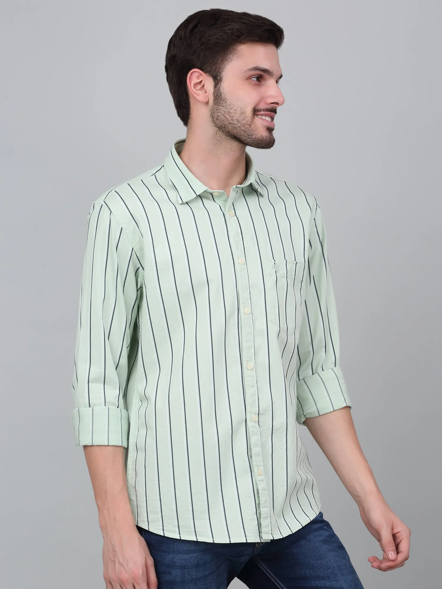 Men's Green Striped Full Sleeve Casual Shirt