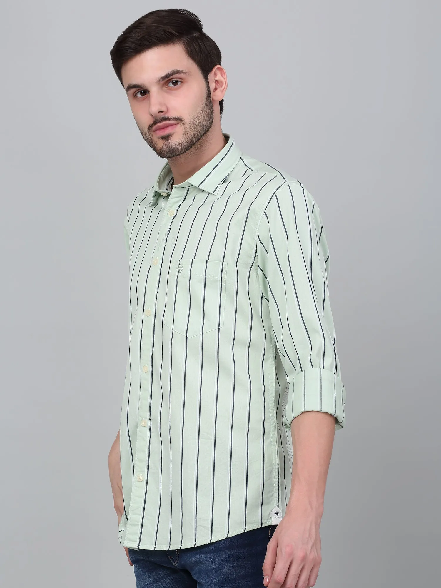 Men's Green Striped Full Sleeve Casual Shirt