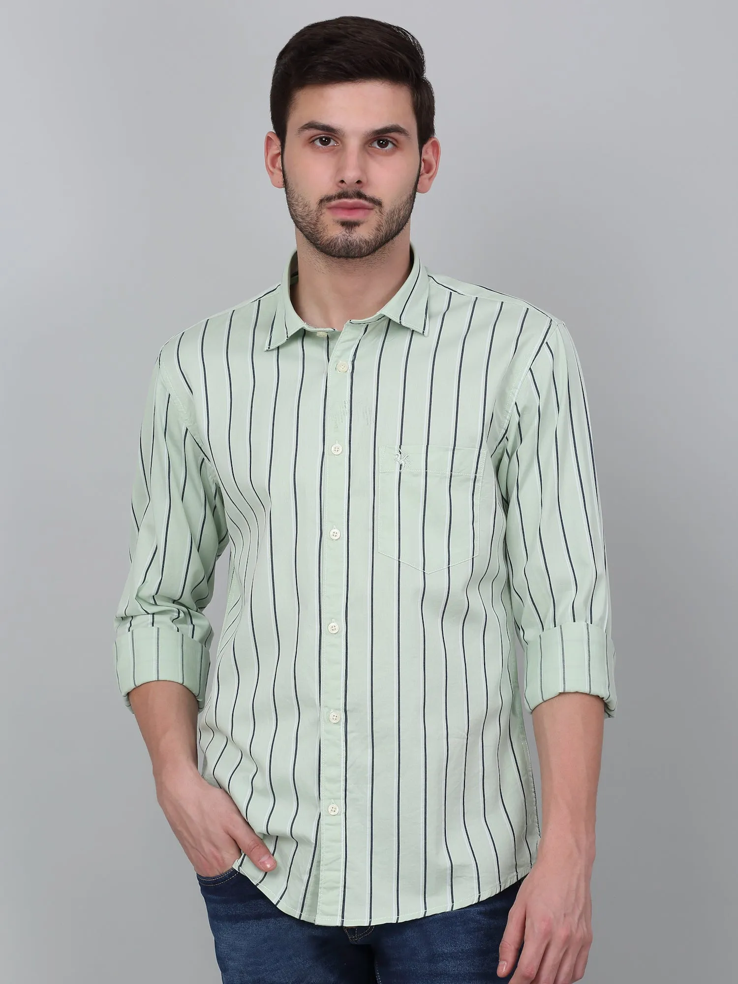 Men's Green Striped Full Sleeve Casual Shirt