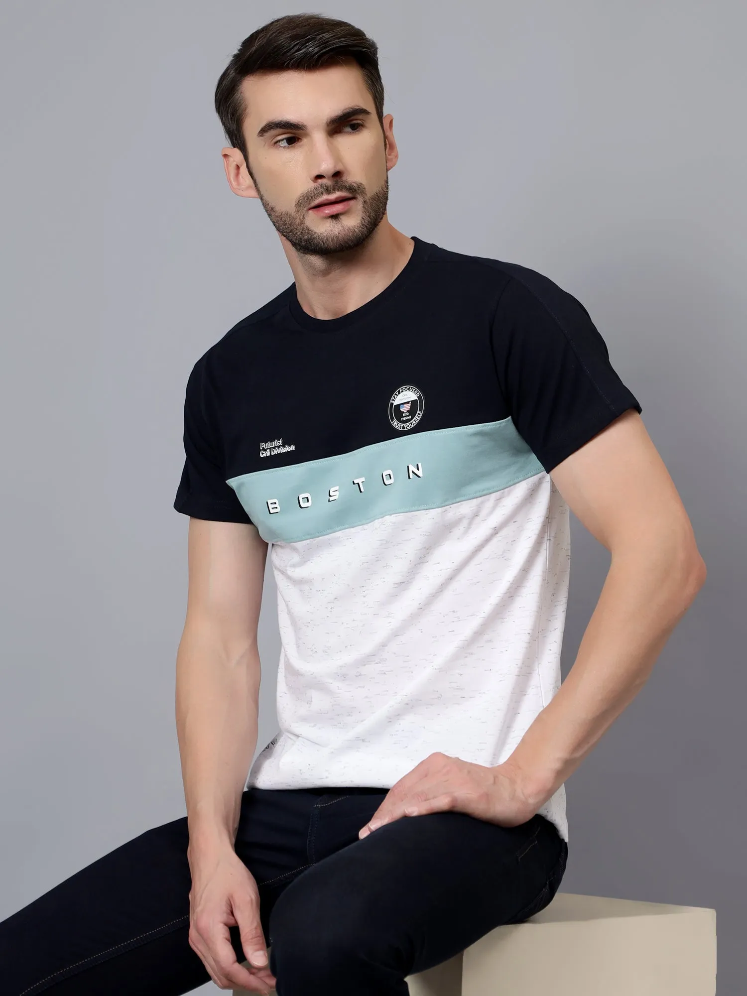 Men's Grey Color Blocked Round Neck Half Sleeve T-shirt