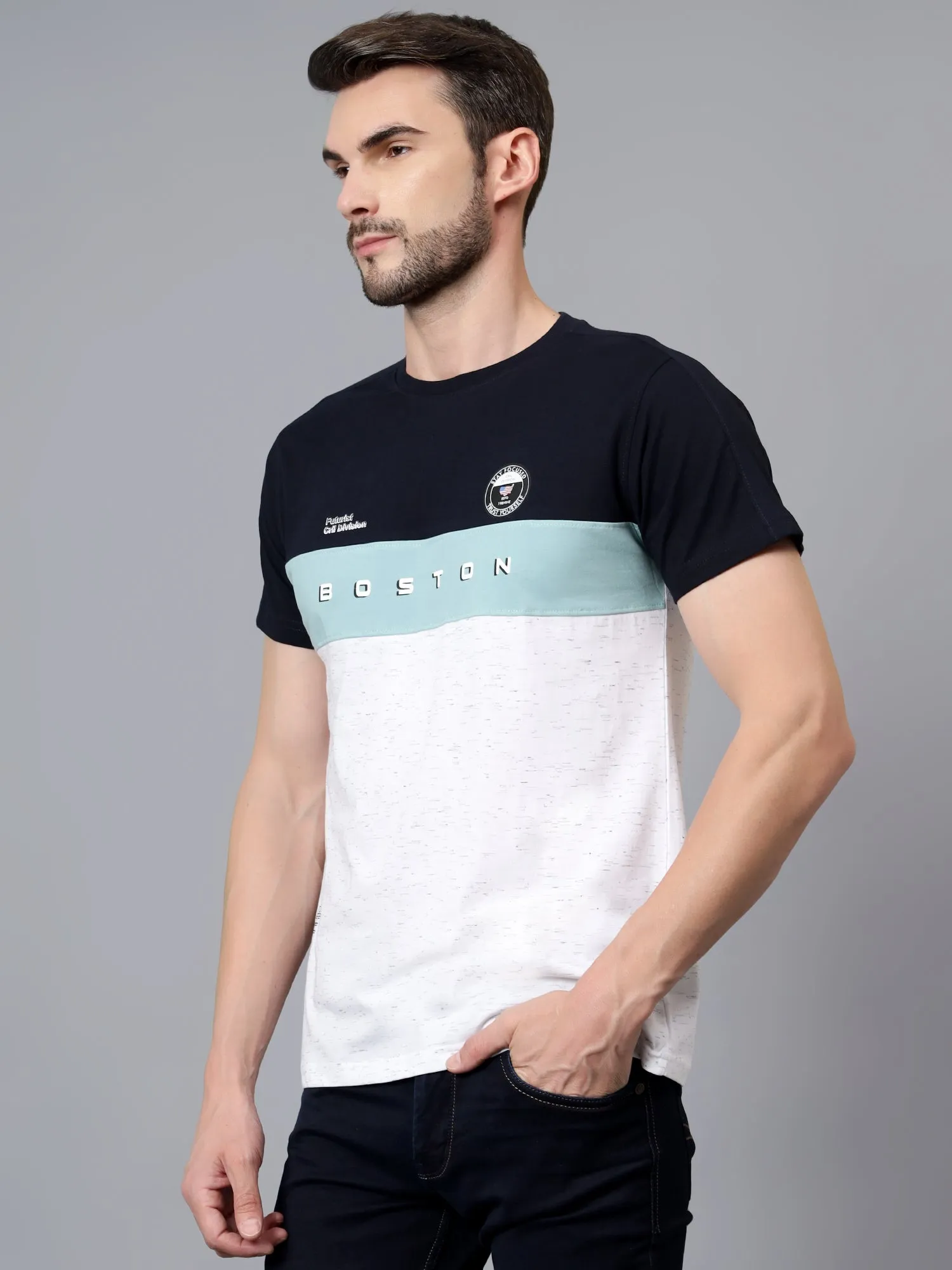 Men's Grey Color Blocked Round Neck Half Sleeve T-shirt