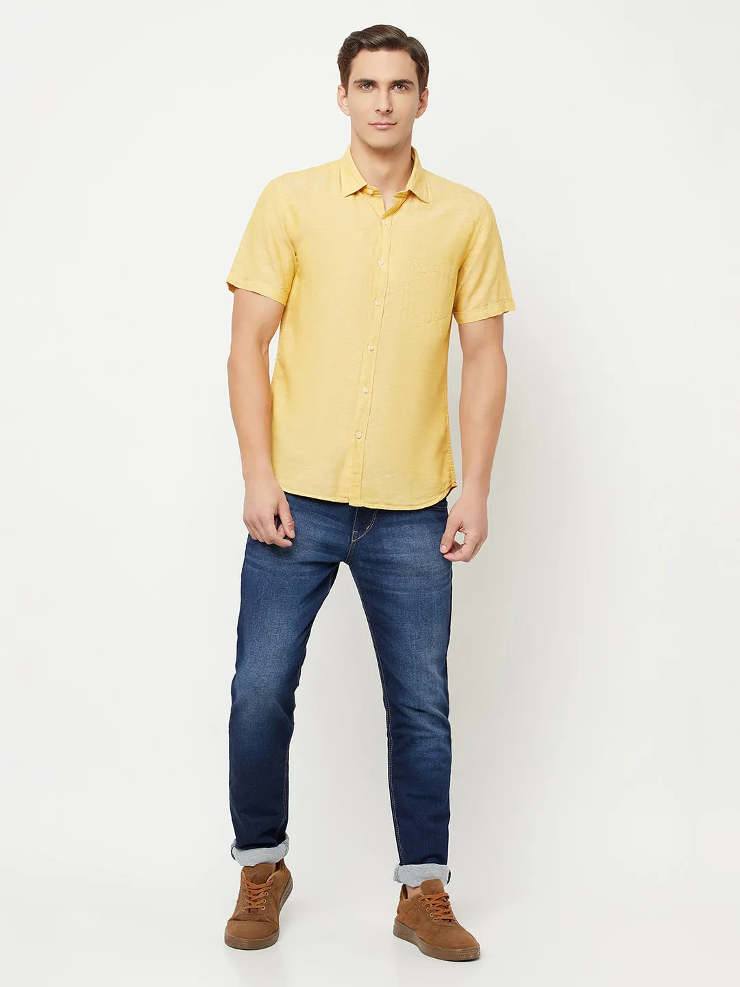 Men's Mustard Casual Plain Half Sleeve Shirt