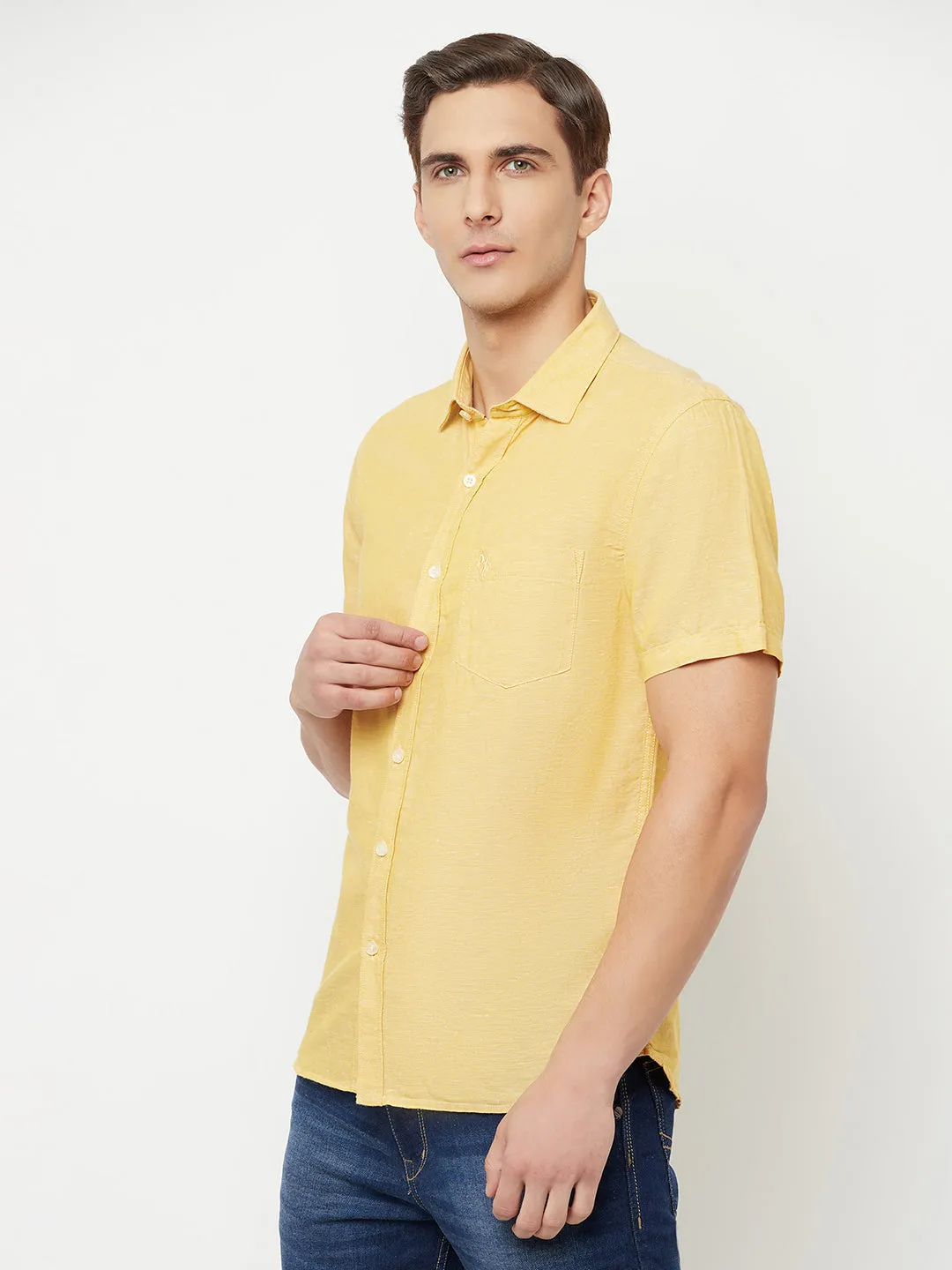 Men's Mustard Casual Plain Half Sleeve Shirt