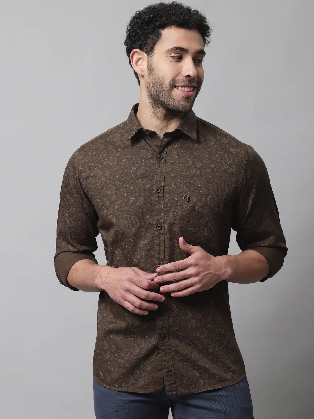 Men's Olive Green Casual Ditsy Print Full Sleeve Shirt