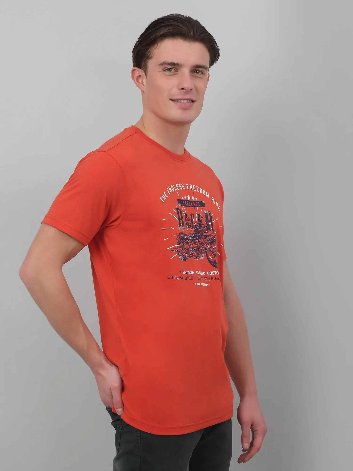 Men's Orange  Round neck Half Sleeve T-Shirt with Typographic print