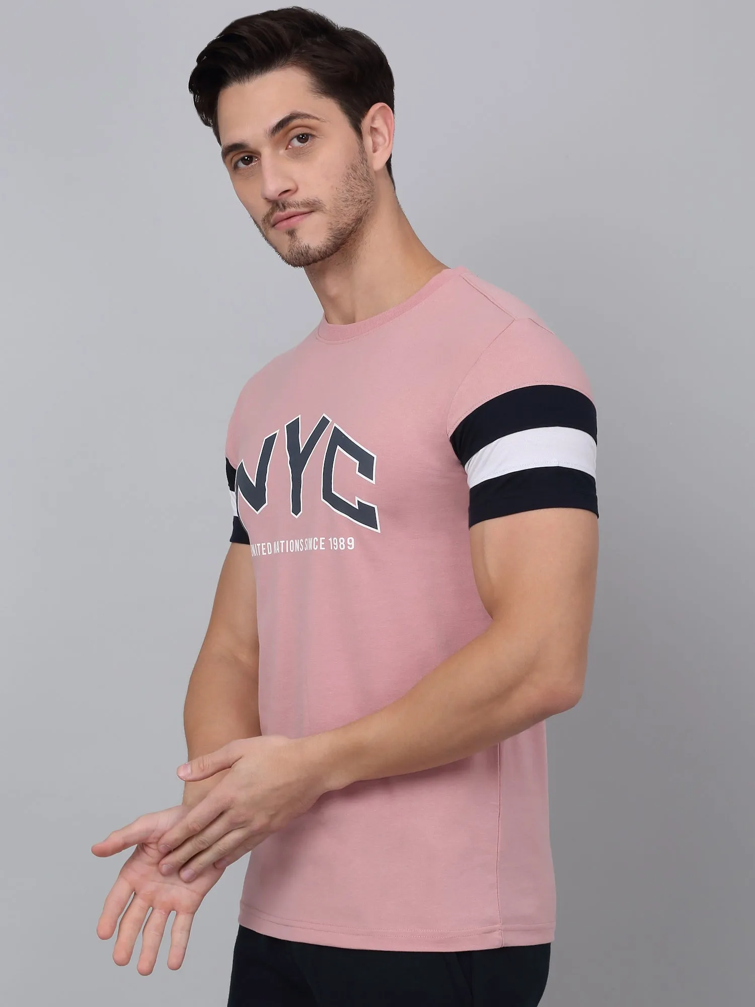 Men's Pink Printed Round Neck T-shirt