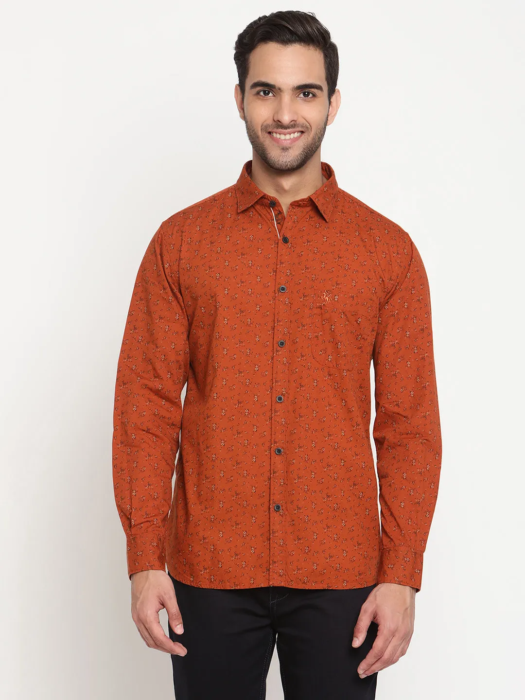 Men's Rust Casual Floral Ditsy Print Full Sleeve Shirt