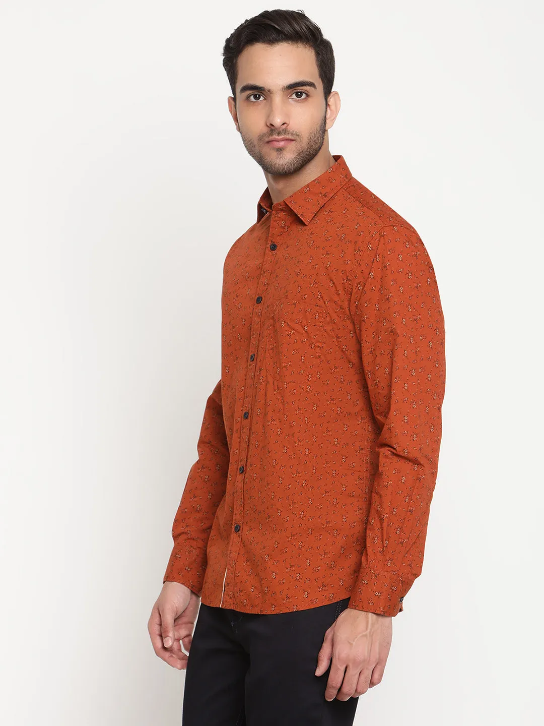 Men's Rust Casual Floral Ditsy Print Full Sleeve Shirt