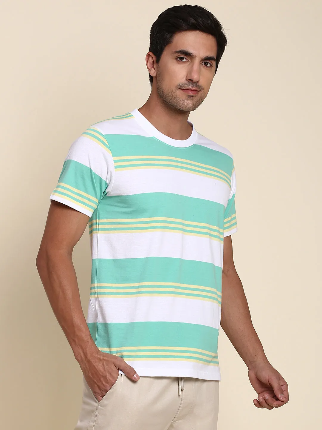 Men's Soft And Stretchy Fabric Sea Green Casual Crew Neck Tshirt