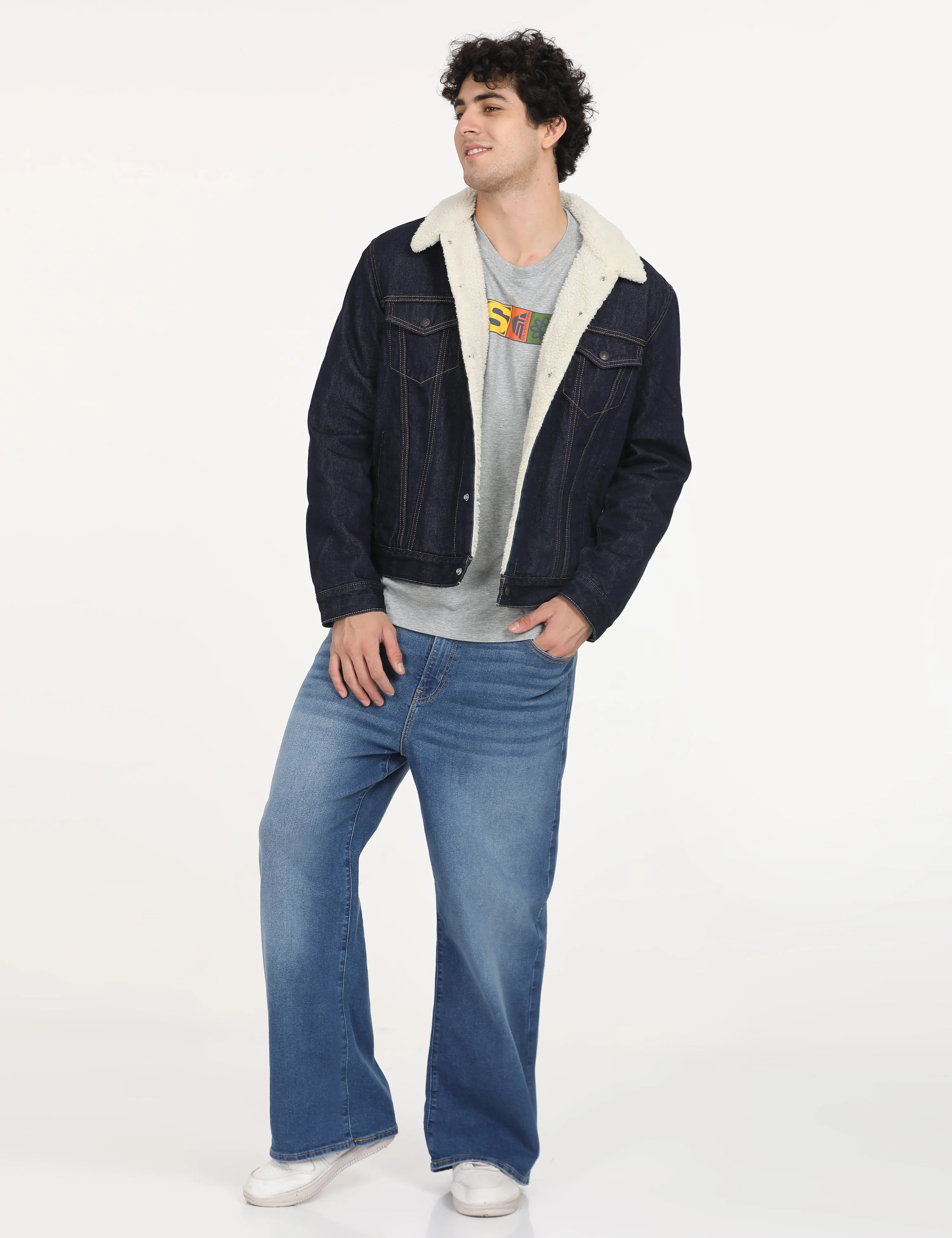 Men's Solid Navy Spread Collar Denim Jacket