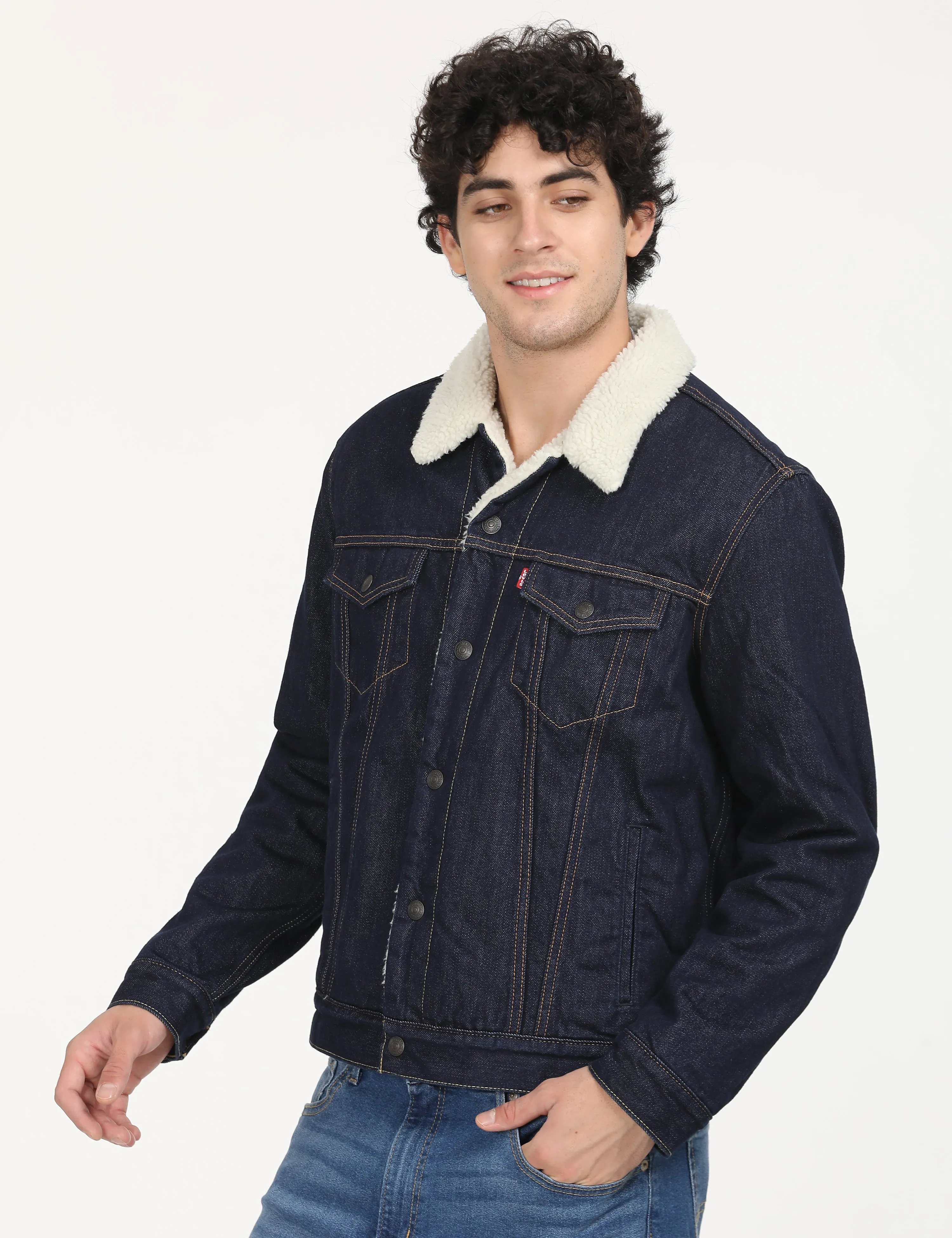 Men's Solid Navy Spread Collar Denim Jacket