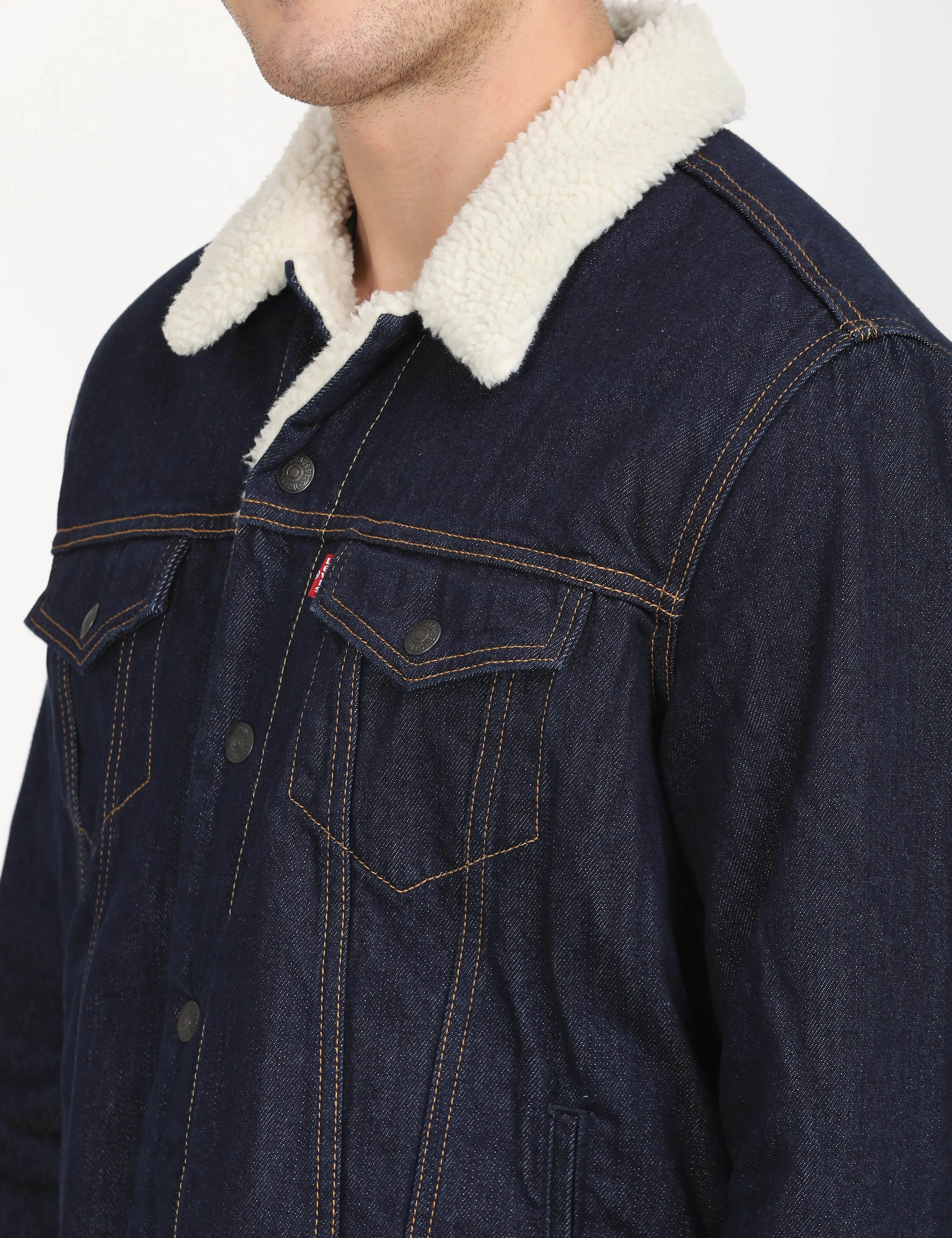 Men's Solid Navy Spread Collar Denim Jacket