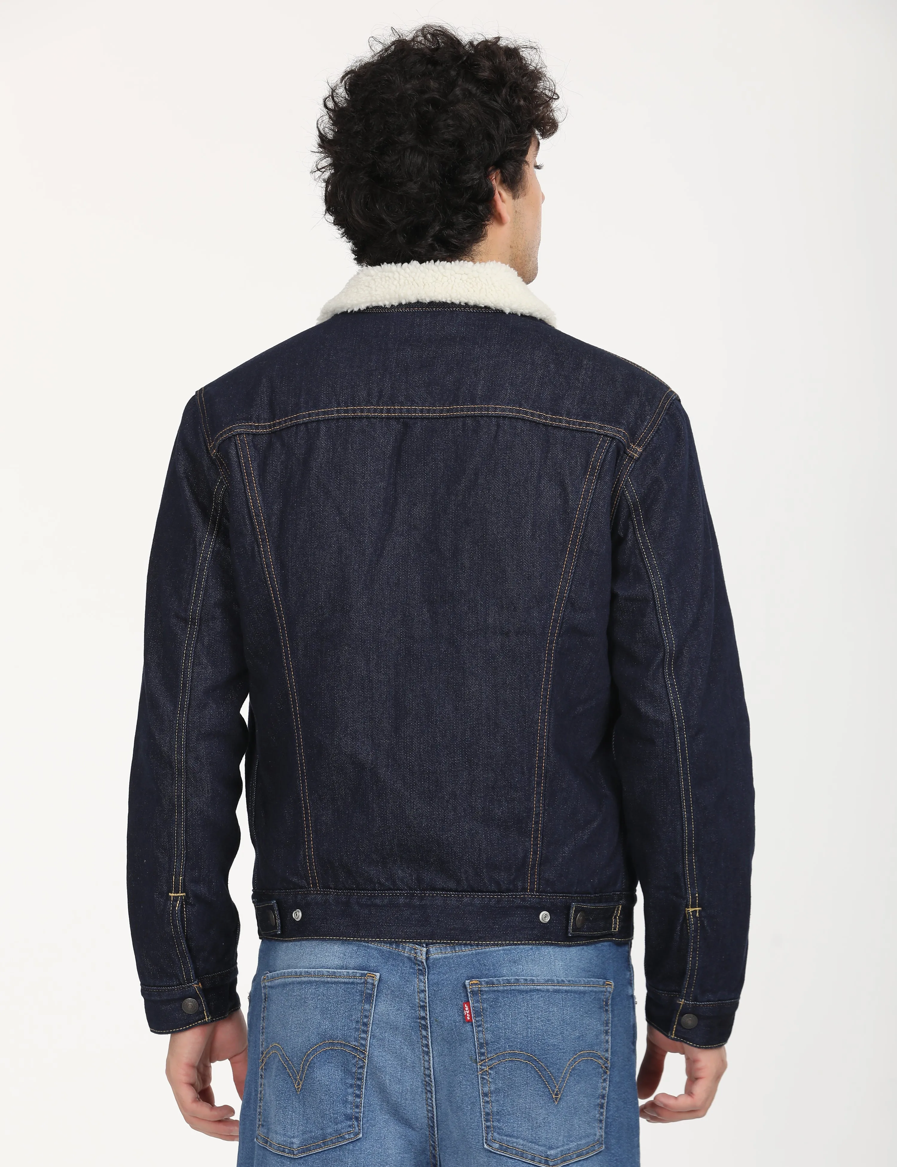 Men's Solid Navy Spread Collar Denim Jacket