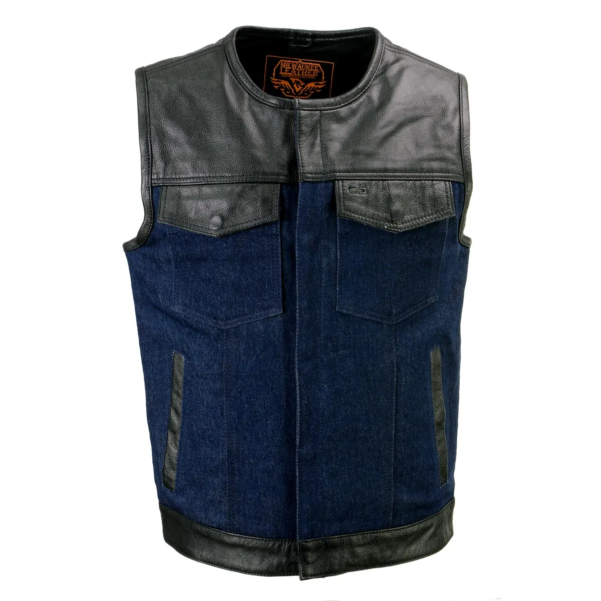 Milwaukee Leather Men's Brute Dual Closure Blue Denim and Black Leather Club Style Vest MDM3004