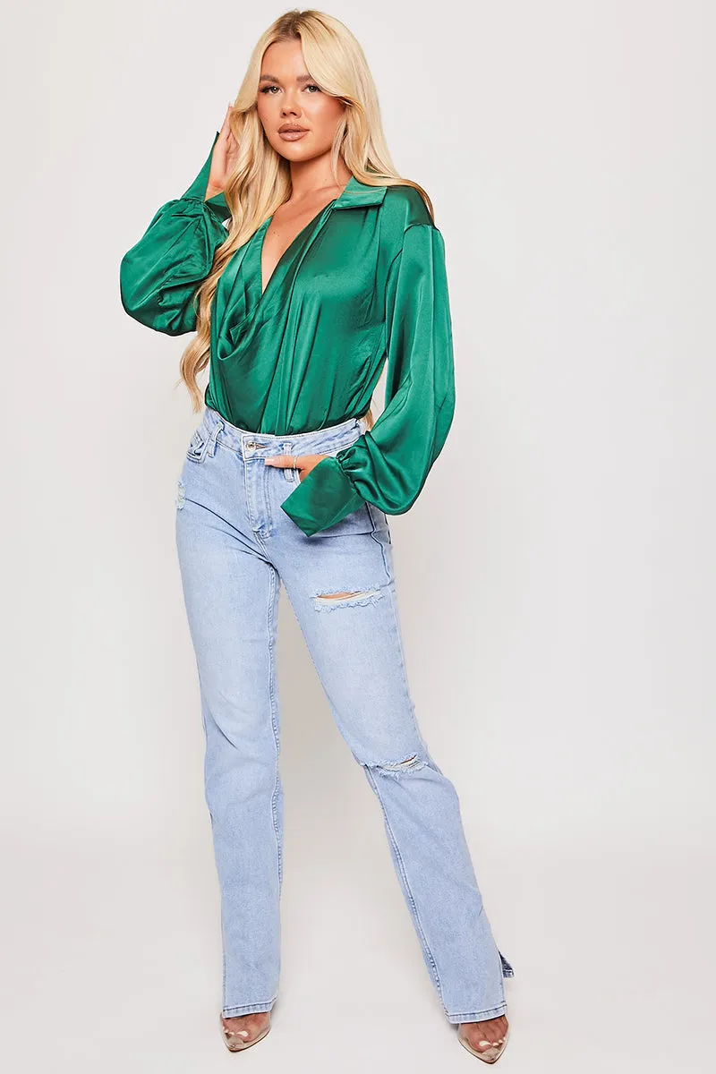 Paige - Green Satin Cowl Neck Blouse