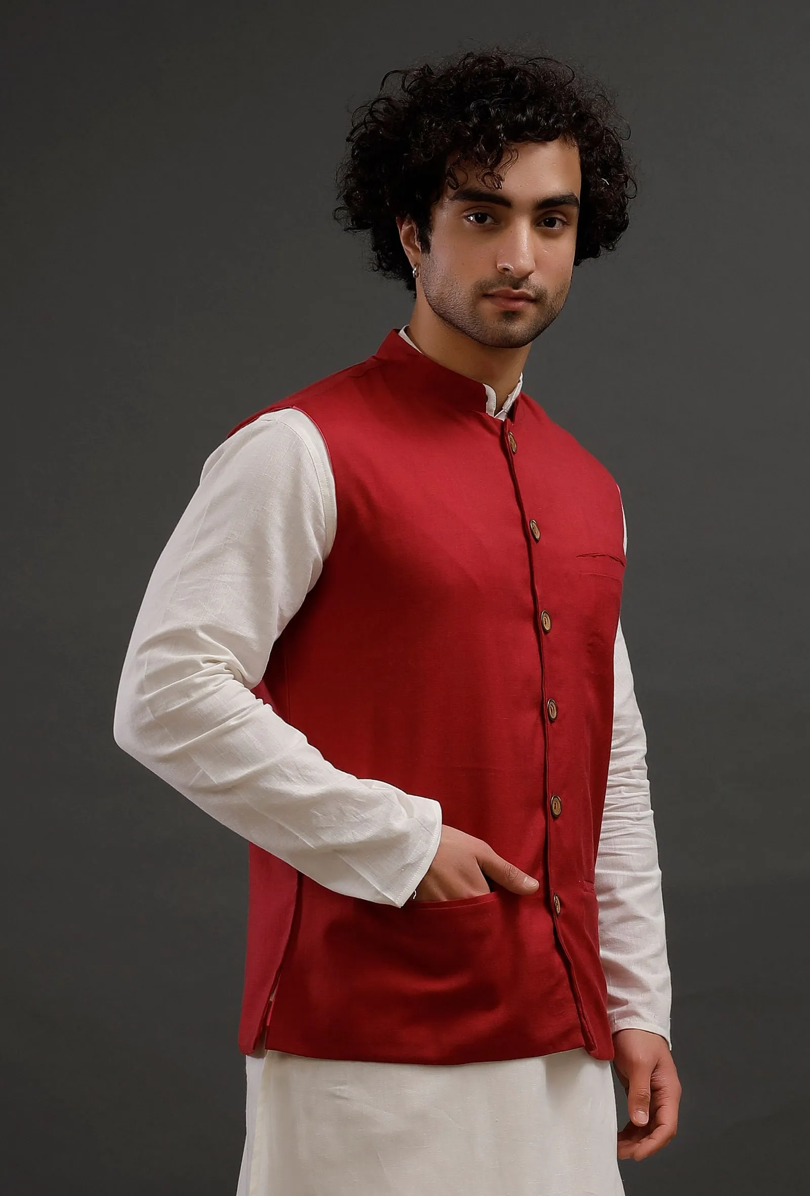 Red Woollen Blend Nehru Jacket