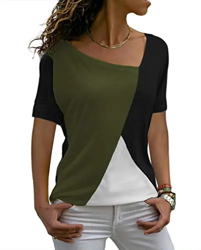 Sarin Mathews Womens Shirts Casual Tee Shirts Short Sleeve Patchwork Color Block Loose Fits Tunic Tops Blouses Black ArmyGreen 2XL