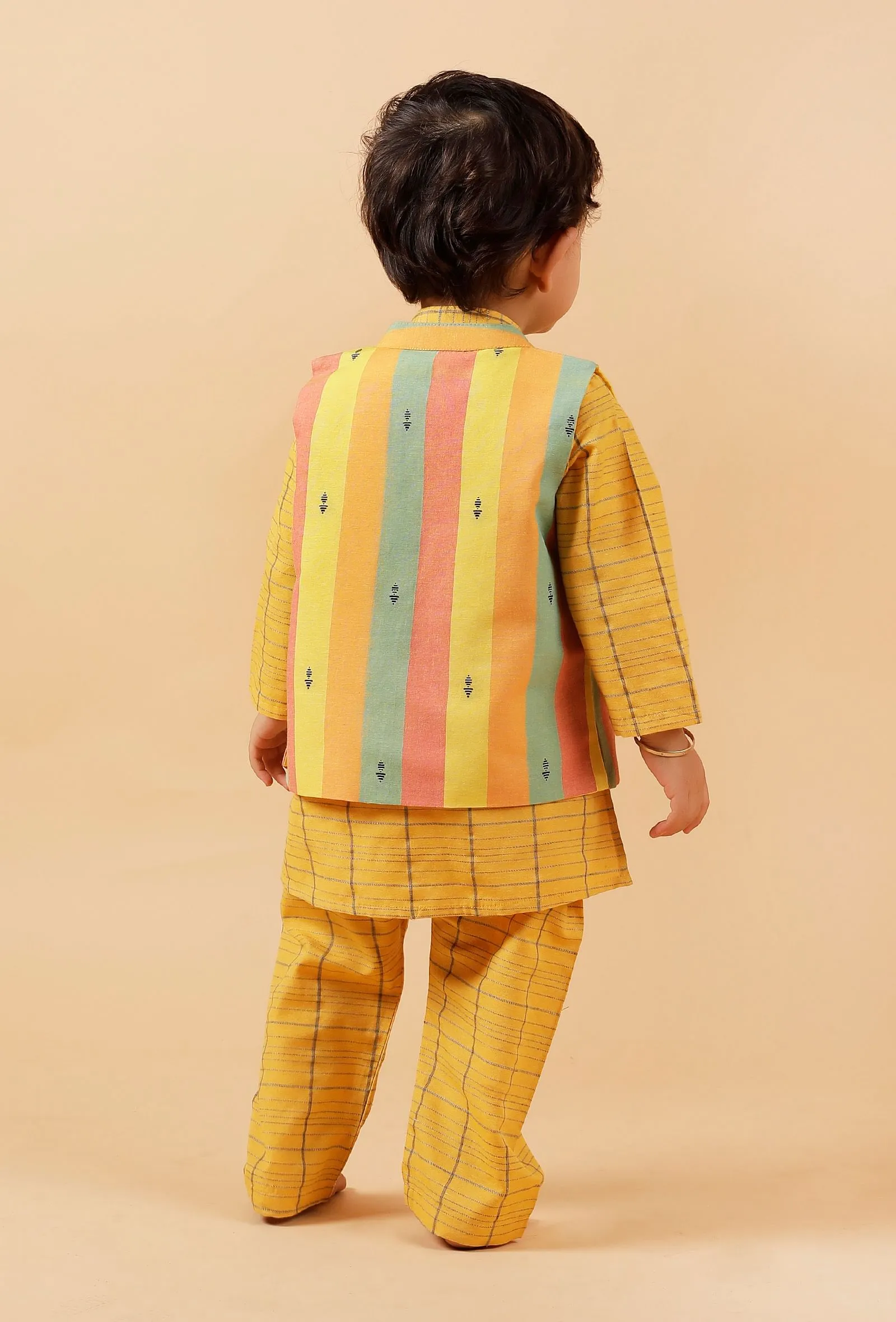 Set of 3: Yellow Checked Kurta With Pant And Nehru Jacket