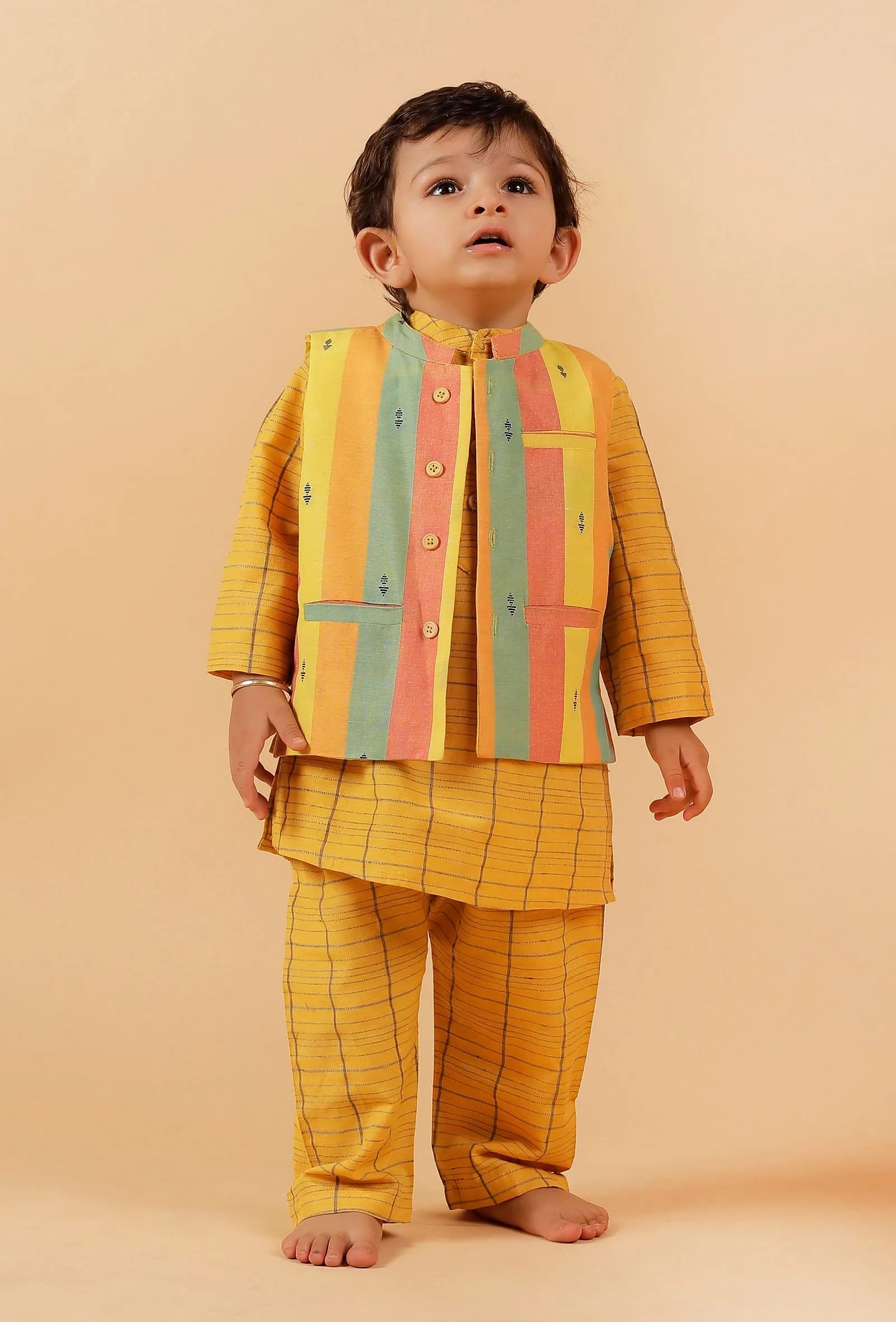 Set of 3: Yellow Checked Kurta With Pant And Nehru Jacket