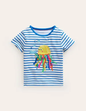 Short Sleeve Appliqué T-shirt-Ivory/ Corsica Blue Jellyfish