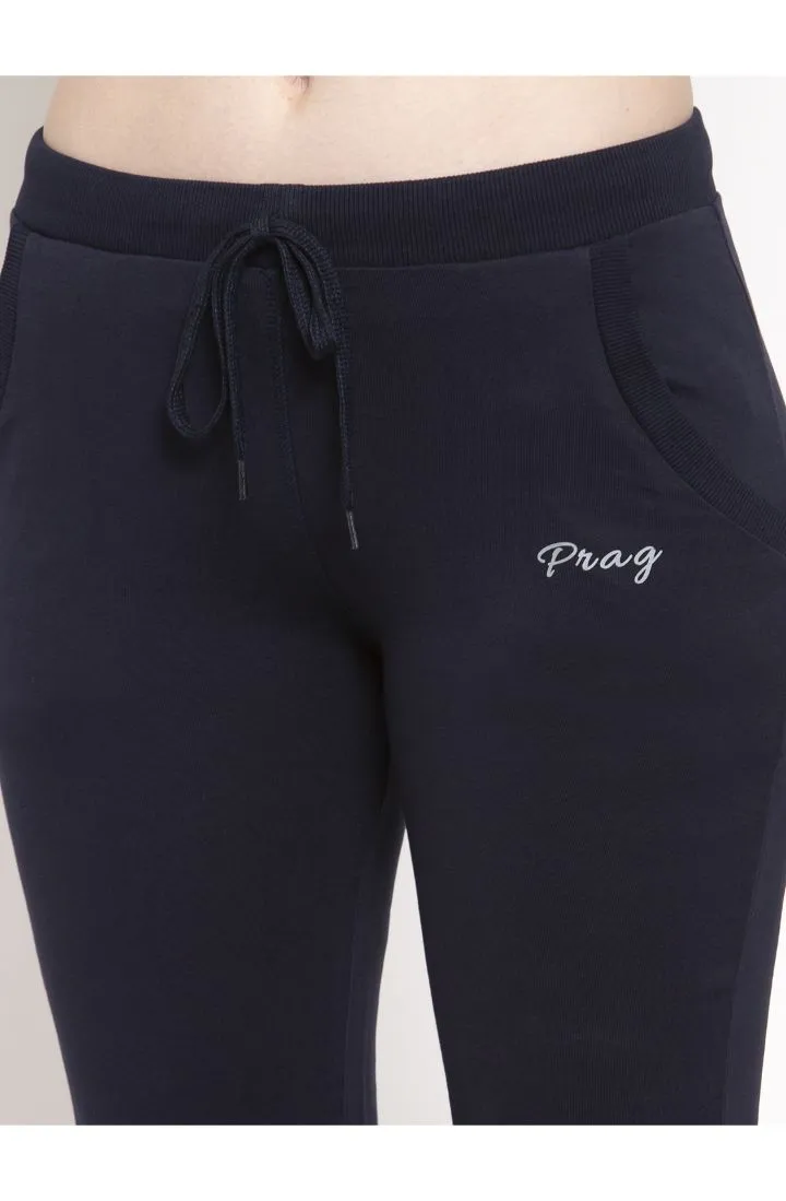 Women Navy Solid Cotton Track Pant