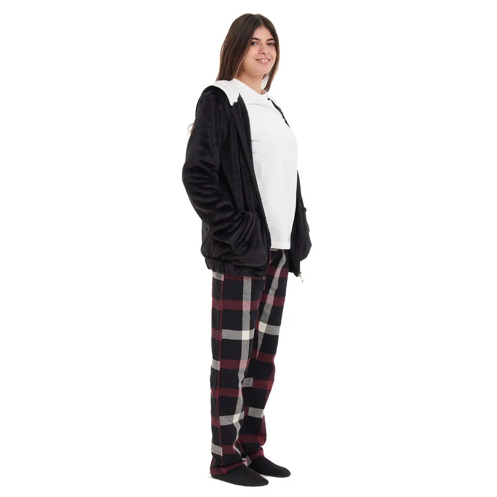 Women Winter Pajama 3 PCS Set Black Sweatshirt  Off-white top  Black x Red Checkered Pants