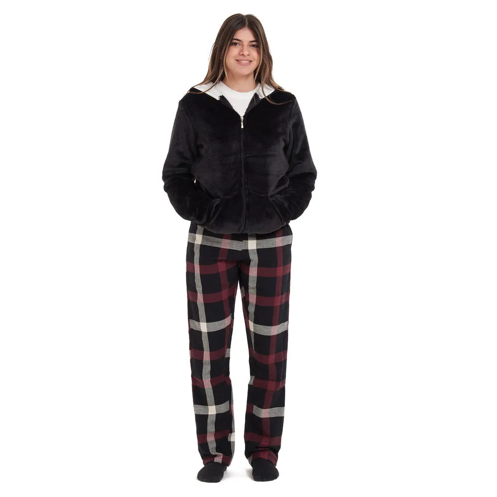 Women Winter Pajama 3 PCS Set Black Sweatshirt  Off-white top  Black x Red Checkered Pants