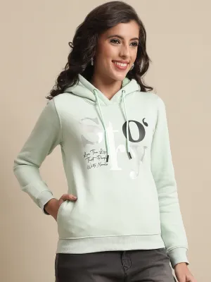 Women's Casual  Light Green Regular Full Sleeve Pullover Hoodie Sweatshirt