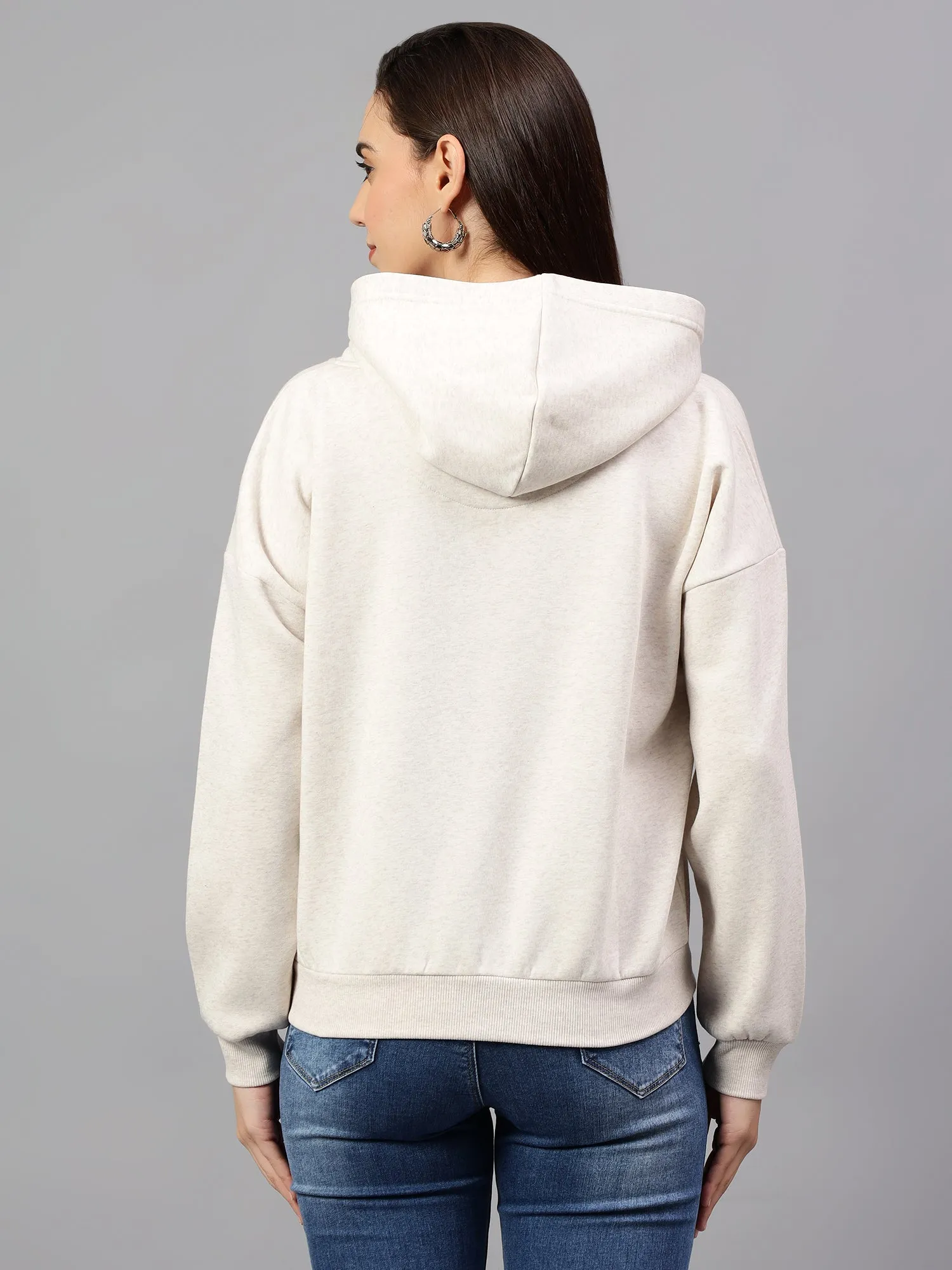 Women's Ecru Melange Printed Hoody Neck Crop Sweatshirt