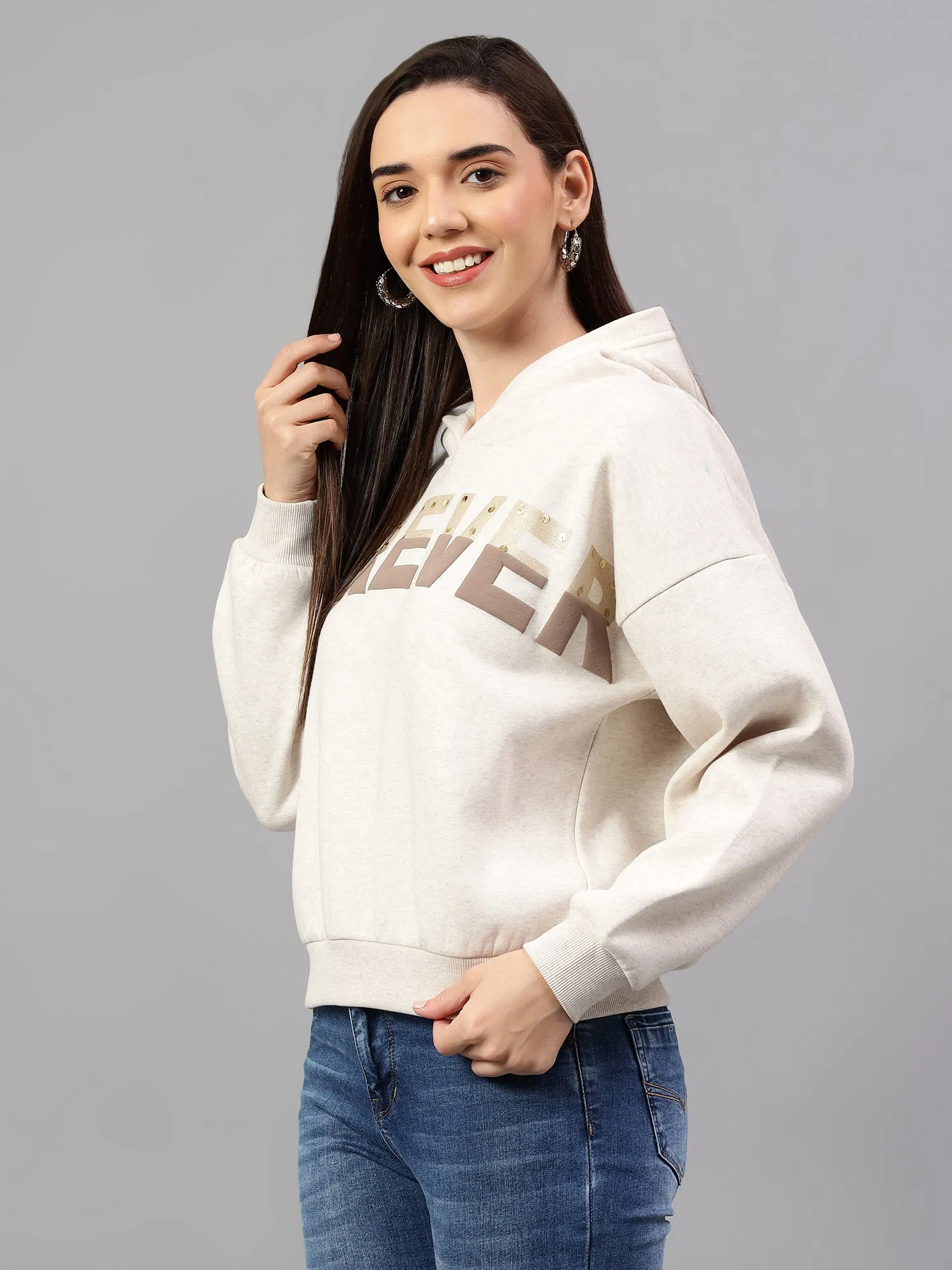 Women's Ecru Melange Printed Hoody Neck Crop Sweatshirt