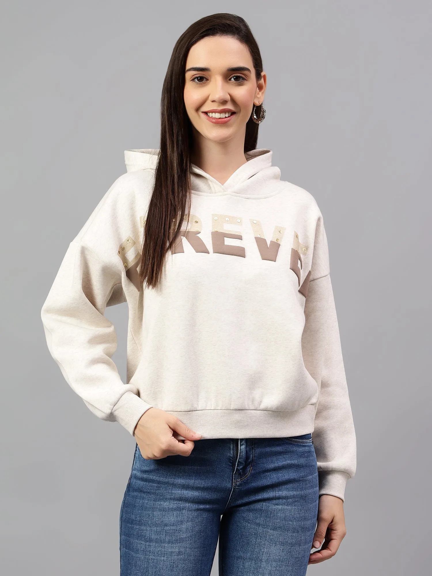 Women's Ecru Melange Printed Hoody Neck Crop Sweatshirt